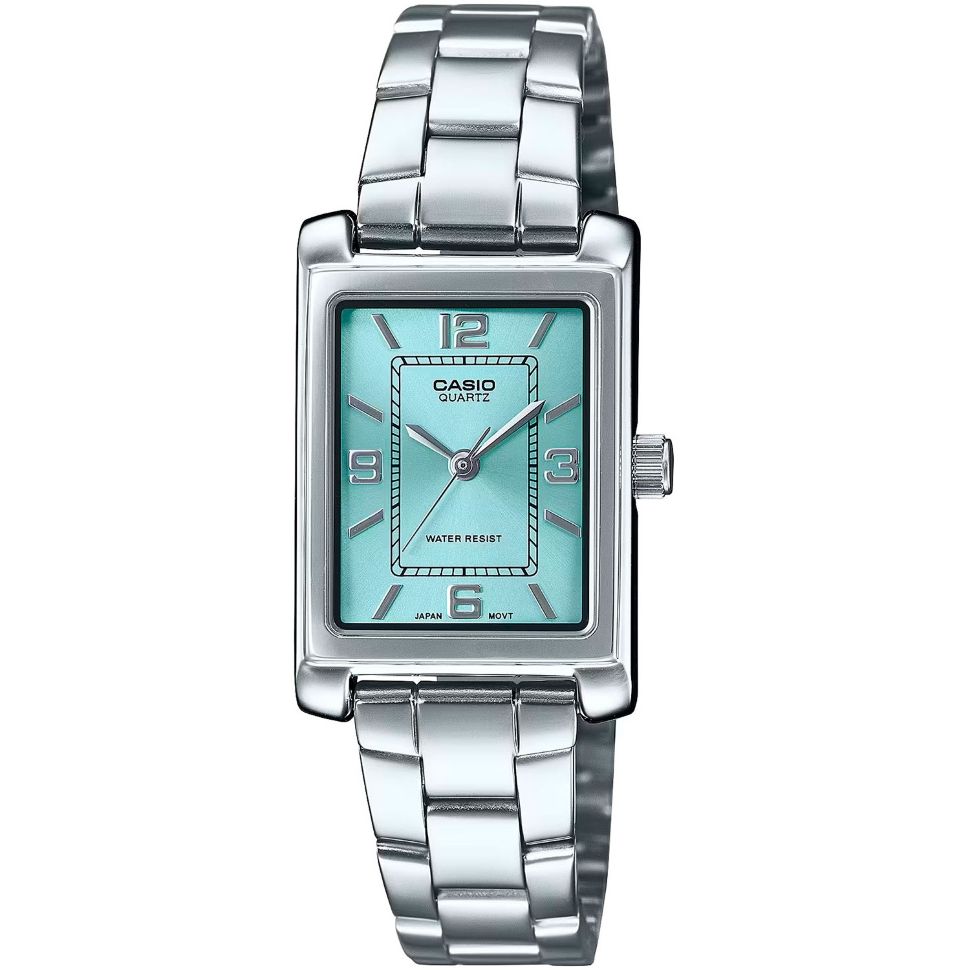 Alt Tag: CASIO COLLECTION Mod. TANK - LIGHT BLUE women's wristwatch with metal strap, quartz movement, and 3 ATM water resistance.