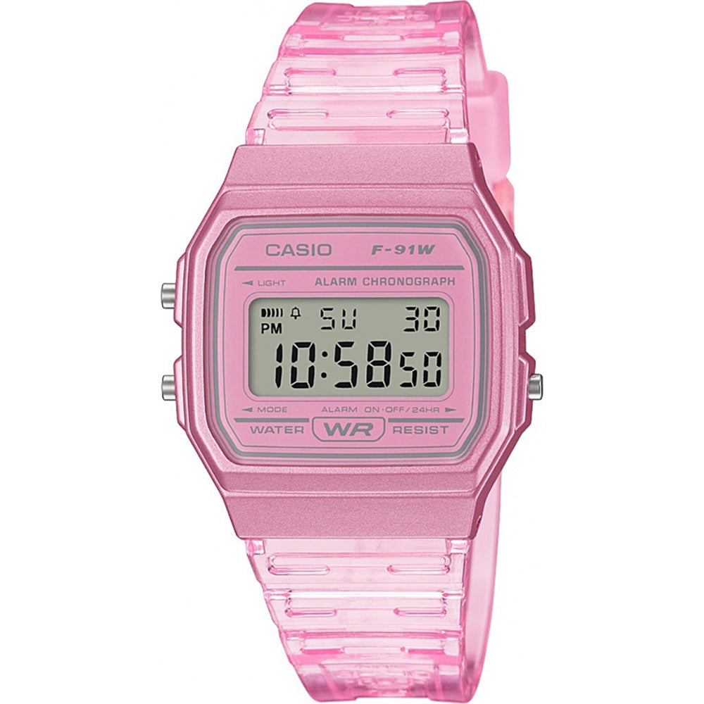 CASIO EU WATCHES Mod. F-91WS-4EF pink digital watch with a clear resin band and classic square dial, featuring alarm and chronograph functions.