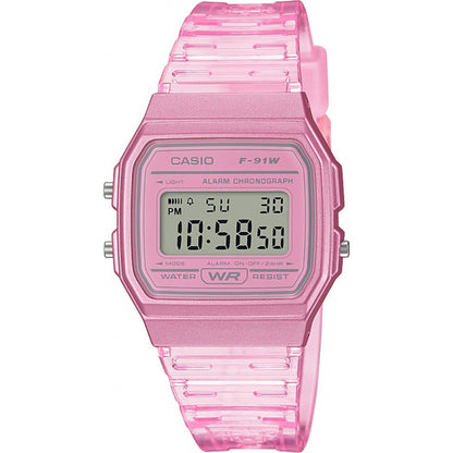 CASIO EU WATCHES Mod. F-91WS-4EF pink digital watch with a clear resin band and classic square dial, featuring alarm and chronograph functions.