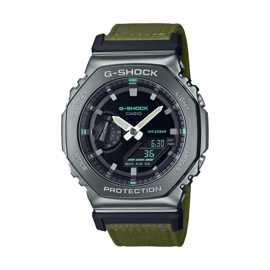 CASIO G-SHOCK Mod. OAK METAL COVERED - UTILITY SERIE KHAKI GREEN wristwatch, 20 ATM water resistant, fabric strap.