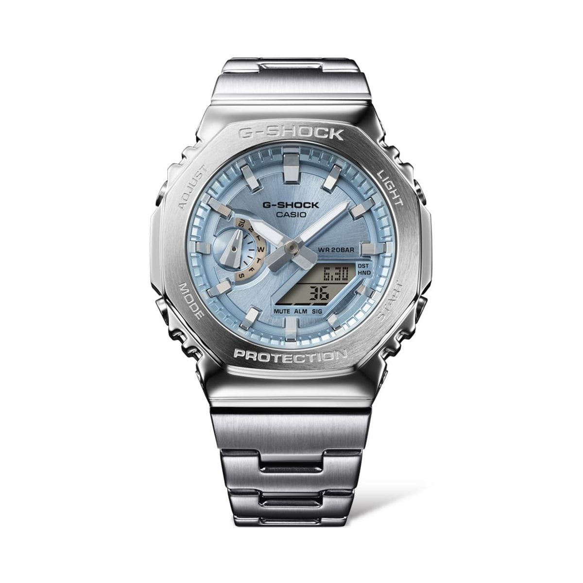 CASIO MOD. GM-2110D-2AER stainless steel watch with blue face and digital display