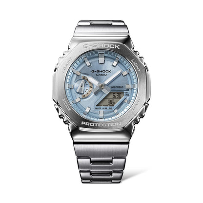 CASIO MOD. GM-2110D-2AER stainless steel watch with blue face and digital display