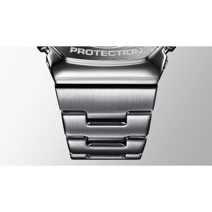Close-up of CASIO MOD. GM-2110D-2AER watch bracelet in stainless steel finish.