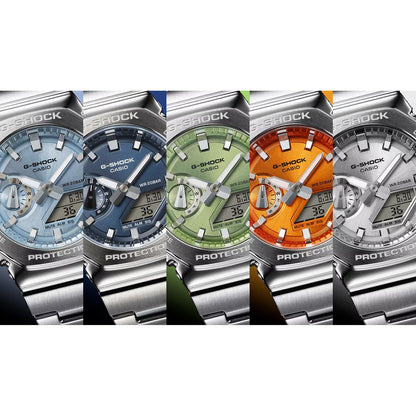 Collection of CASIO MOD. GM-2110D-2AER watches in various colors, showcasing design and features.