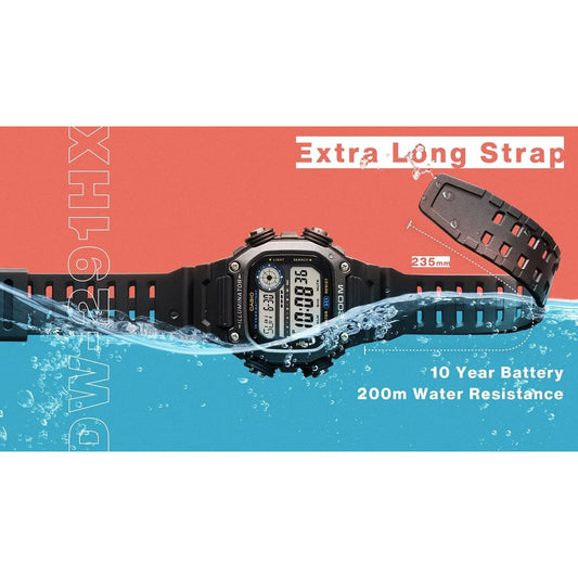 CASIO SPORT Mod. ILLUMINATOR DIVER 200M. 10 YEARS BATTERY - XL STRAP, showcasing water resistance and extra-long strap features.