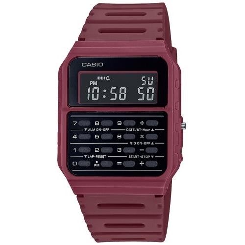 CASIO VINTAGE Mod. CALCULATOR EDGY COLLECTION - RED wristwatch with multifunction quartz movement, resin strap, and mineral dial.