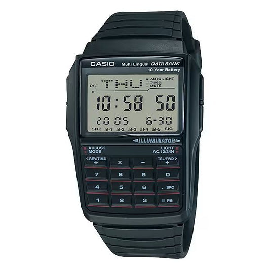 CASIO VINTAGE Mod. DATABANK CALCULATOR - BLACK wristwatch with multifunction quartz movement, resin case and strap, water resistant.
