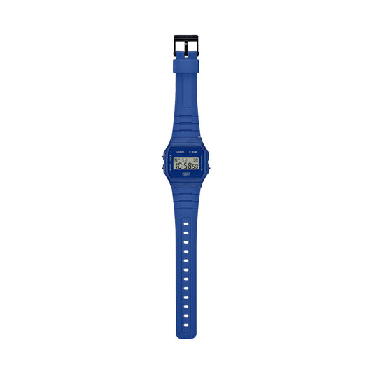 CASIO VINTAGE Mod. F-91 BIO RESIN STRAP - BLUE wristwatch with unisex design, quartz movement, and multifunction features, on a white background.