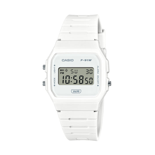 CASIO VINTAGE Mod. F-91 BIO RESIN STRAP - WHITE unisex wristwatch with quartz movement, multifunction features, and mineral dial.