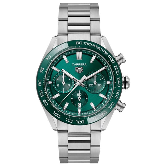 TAG HEUER Mod. CARRERA CAL. HEUER 02 wristwatch, stainless steel, 44mm case, green dial, chronograph, water-resistant 10 ATM, automatic movement.