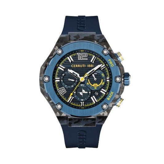 CERRUTI 1881 Mod. LUCARDO men's watch with blue strap and dial, featuring bold numerals and chronograph functionality.