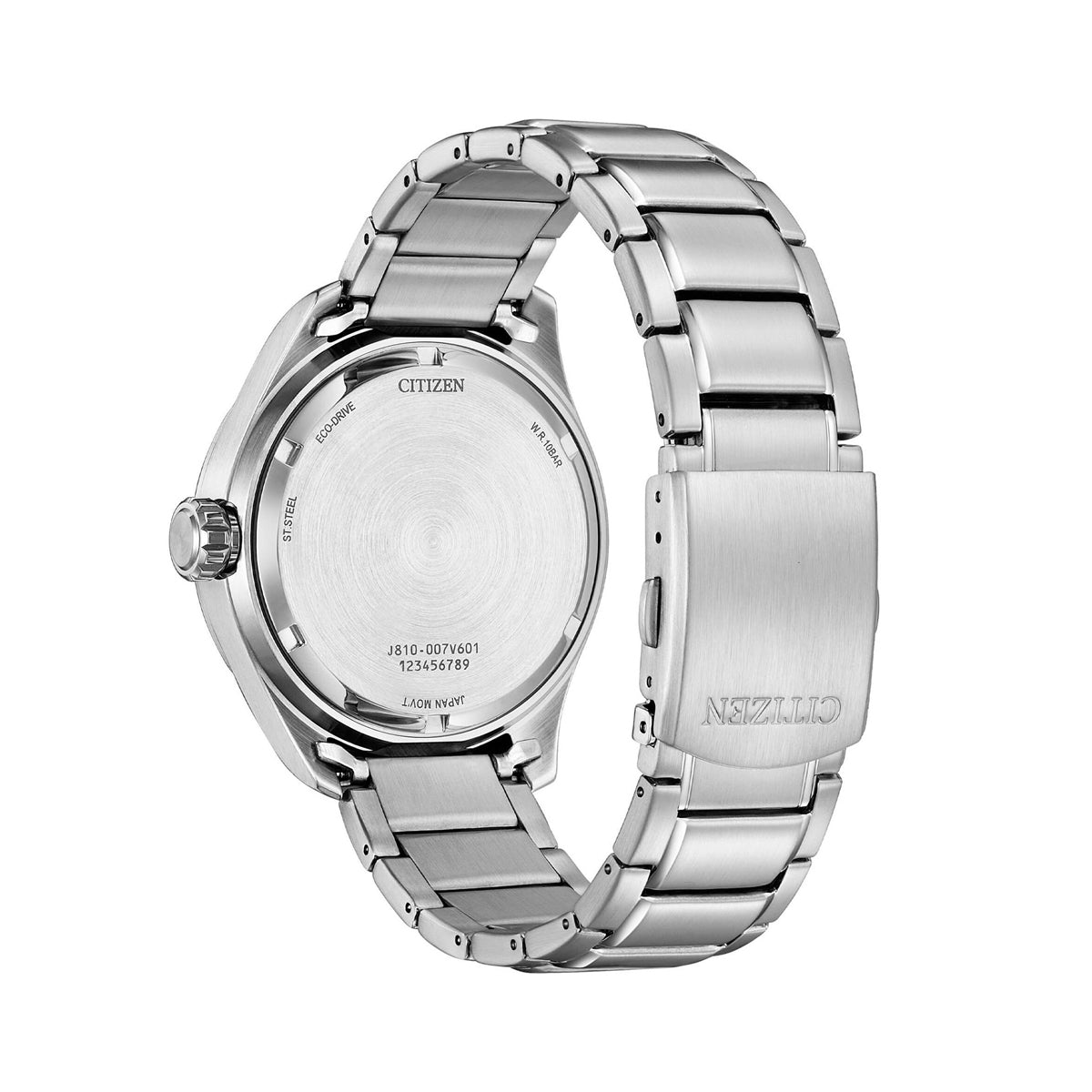 Back view of the CITIZEN Mod. URBAN TRAVELER watch showcasing stainless steel case and bracelet clasp.