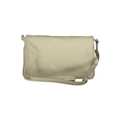 Calvin Klein Beige Cotton Handbag with adjustable strap, snap closure, and logo. Features two compartments and a card pocket.