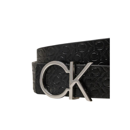 Calvin Klein Bicolor Leather Belt with CK logo buckle and reversible design, showcasing elegant black leather for versatile style.