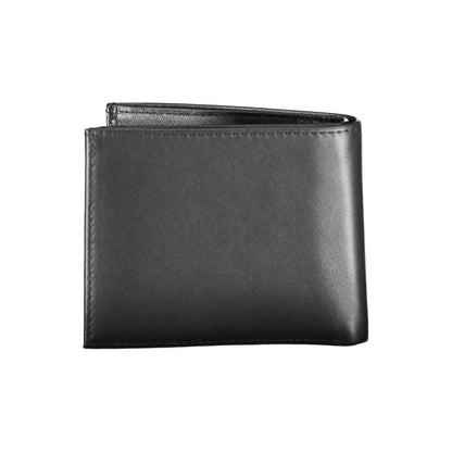 Calvin Klein Black Leather Men Wallet featuring RFID blocking technology, ample card slots, dual compartments, and coin purse.