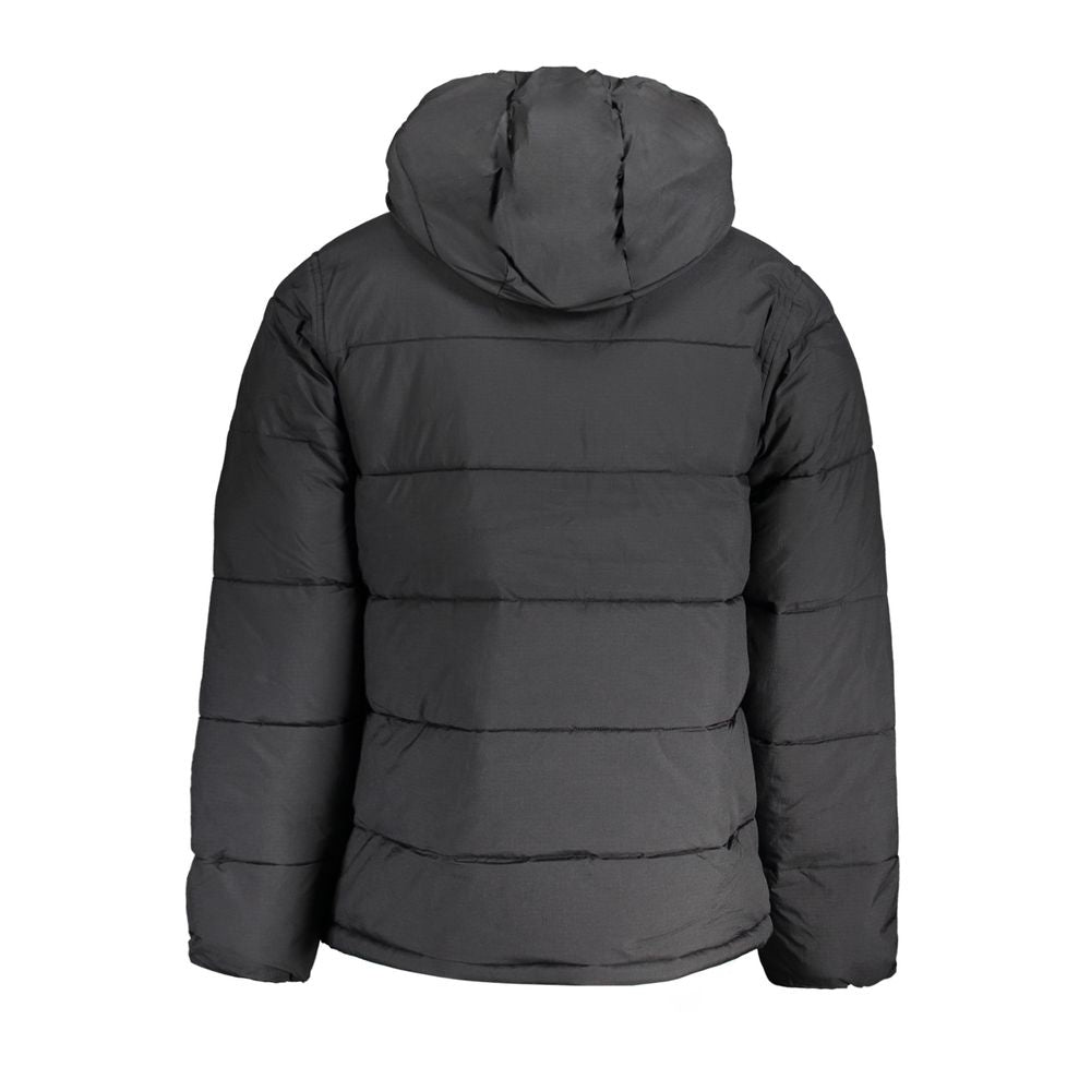 Calvin Klein Black Nylon Men Jacket with hood, water-repellent design, back view showing sleek style and functionality.