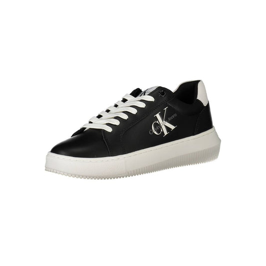 Calvin Klein Black Polyester Women Sneaker with iconic logo print, sustainable 50% recycled material, bold design.