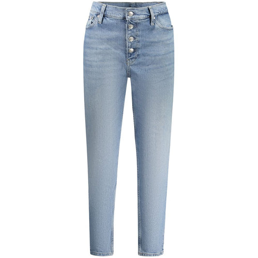Calvin Klein Blue Cotton Women Jean with mom jeans style, classic 5-pocket design, and iconic washed effect. Perfect for fashion-forward style.