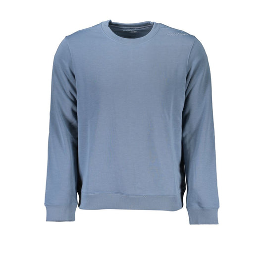 Calvin Klein Blue Polyester Men Sweater with crew neck and long sleeves, featuring iconic CK logo, brushed finish for luxury appeal.