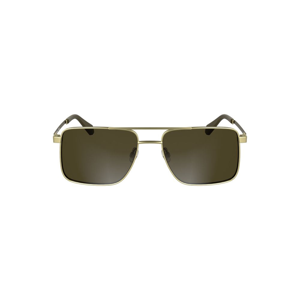 Alt Tag: Calvin Klein Gold Metal Men Sunglass with square lenses and sophisticated gold frames, featuring rich brown lenses.
