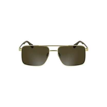 Alt Tag: Calvin Klein Gold Metal Men Sunglass with square lenses and sophisticated gold frames, featuring rich brown lenses.