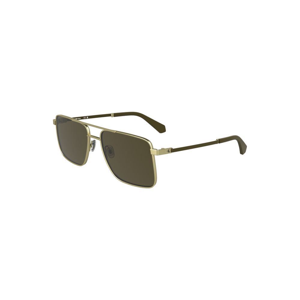 Calvin Klein Gold Metal Men Sunglass with square lenses and luxurious gold frame, fashion-forward sunglasses with rich brown lenses.