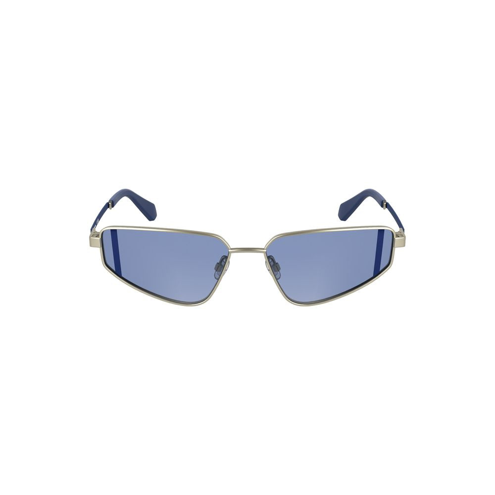 Calvin Klein Gray Metal Women Sunglasses with blue lenses and rectangular metal frames, lens width 57 mm, bridge 15 mm, temple 140 mm.