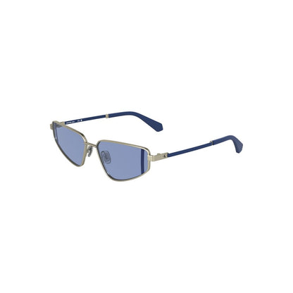 Calvin Klein Gray Metal Women Sunglasses with blue lenses, sleek rectangular design, ideal for modern elegance and comfort.