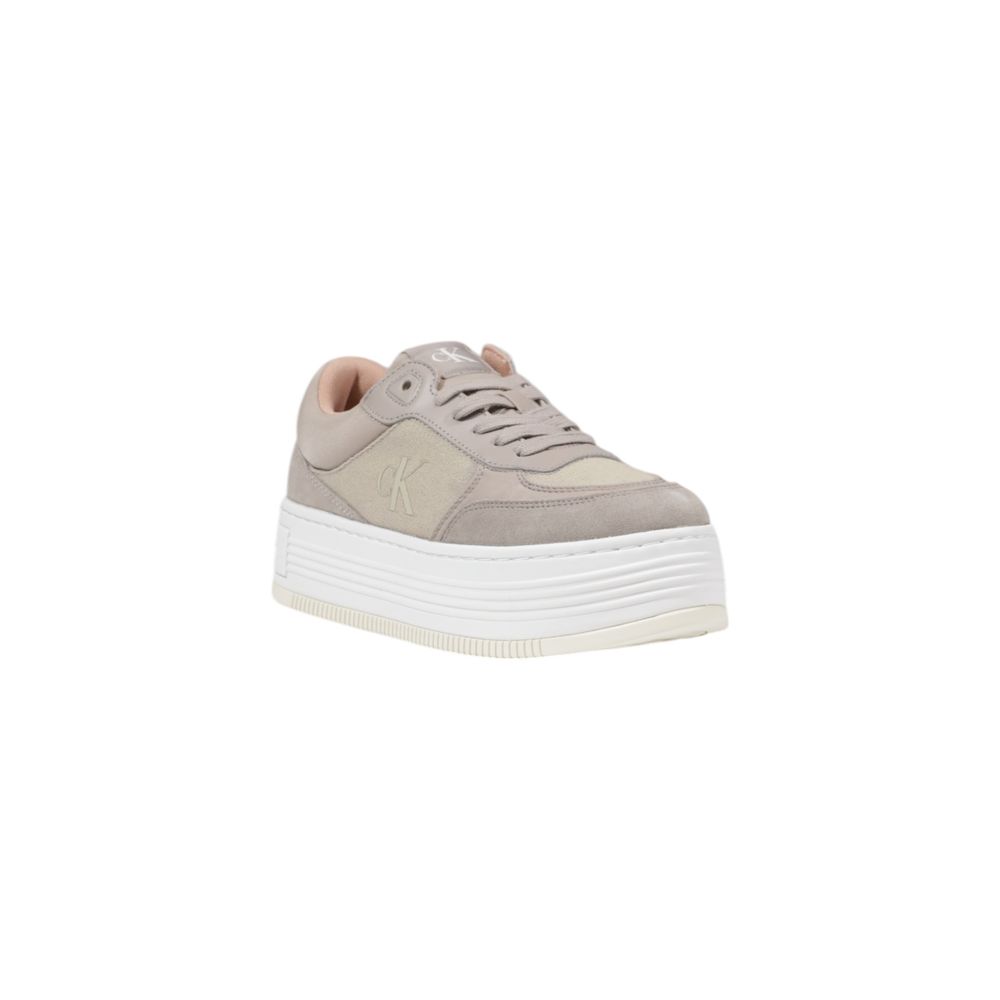 Calvin Klein Jeans Beige Recycled Cotton Platform Sneakers with oversized sole and CK logo, eco-friendly design for modern women.