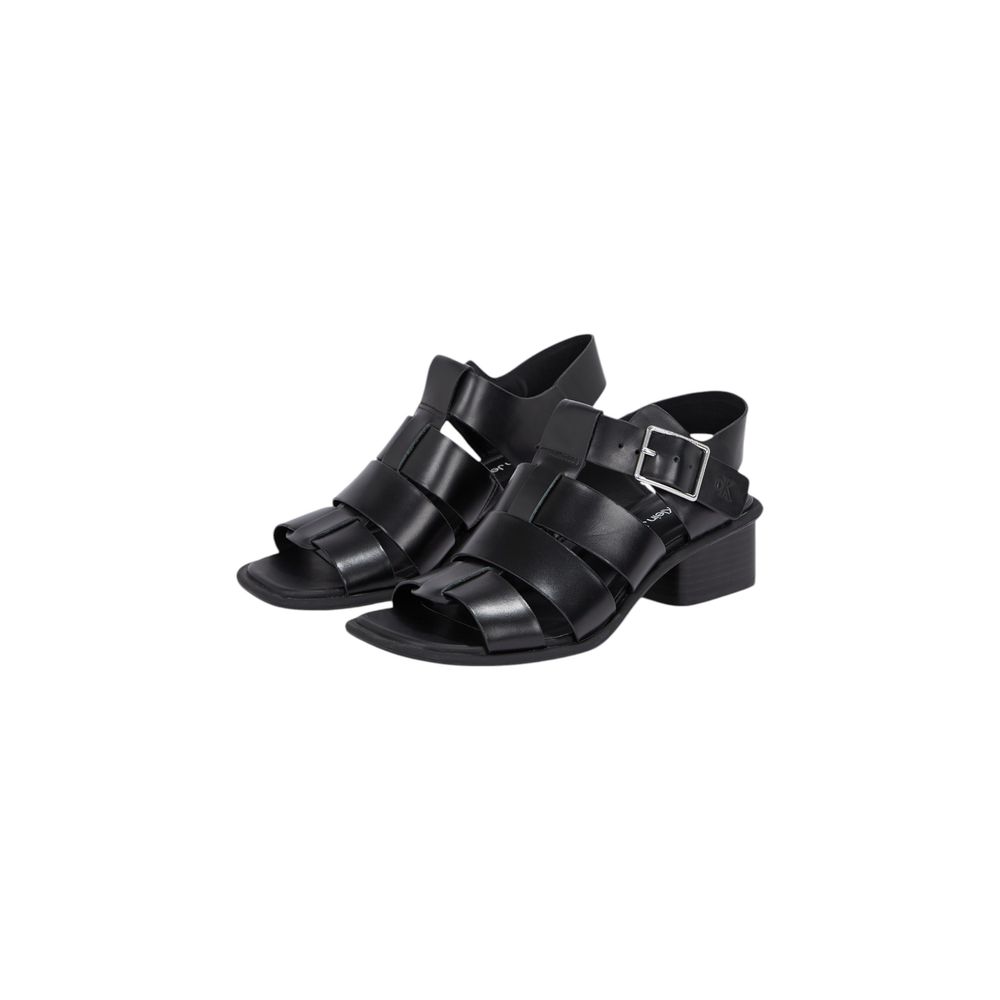 Calvin Klein Jeans Black Polyester Flat Sandals with square toe and buckle closure.