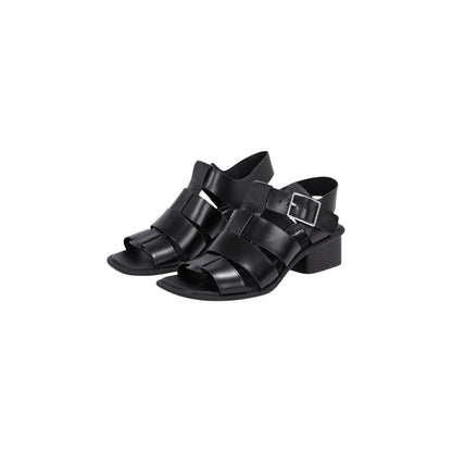 Calvin Klein Jeans Black Polyester Flat Sandals with square toe and buckle closure.