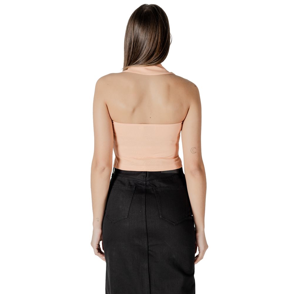 Back view of woman wearing Calvin Klein Jeans Orange Cotton Top with halterneck
