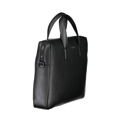 Calvin Klein Nero Polyester Men's Briefcase with handles and shoulder strap, rear view.