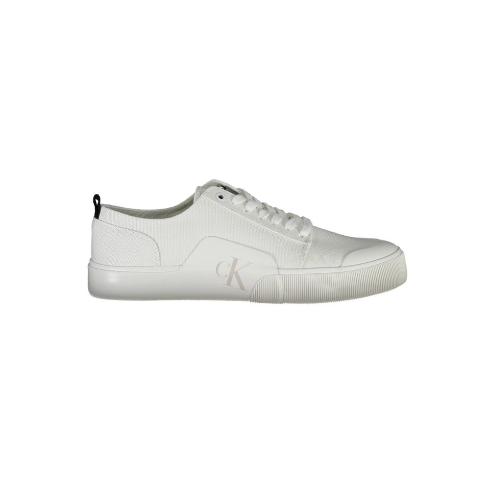 Calvin Klein White Cotton Men Sneaker made with 50% recycled materials, features iconic logo and crisp white design.