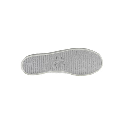 Sole view of Calvin Klein White Polyester Men Sneaker showcasing logo and grip pattern, emphasizing sustainable materials.
