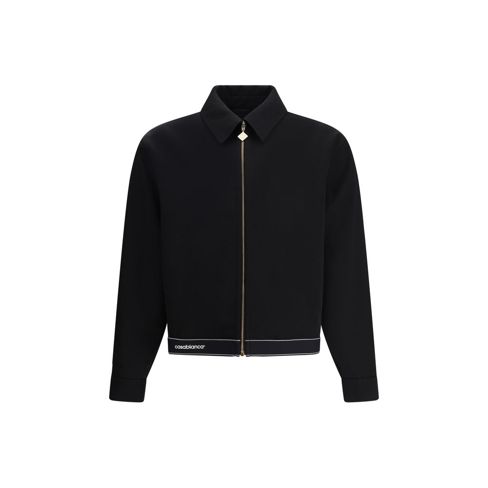 Casablanca Black Wool Full-Length Jacket with logoed zipper and buttoned cuffs, showcasing modern and sleek design.