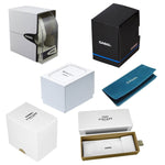 Various Casio watch packaging showcasing boxes with CASIO branding, including sleek designs and official branding elements.