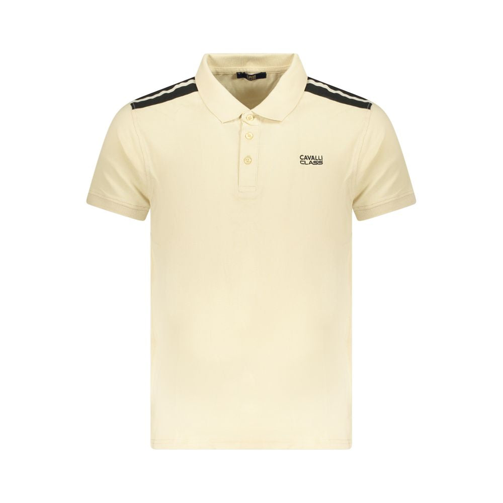 Cavalli Class Beige Cotton Men Polo Shirt with short sleeves, featuring contrast accents and embroidered logo, elegantly designed in beige.