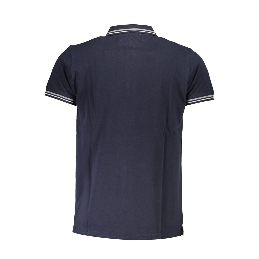Back view of Cavalli Class Blue Cotton Men Polo Shirt with striped collar and sleeves, showing elegant Italian design and comfort.
