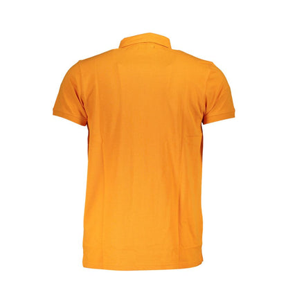 Back view of Cavalli Class Orange Cotton Men Polo Shirt, highlighting vibrant hue and fine cotton fabric.