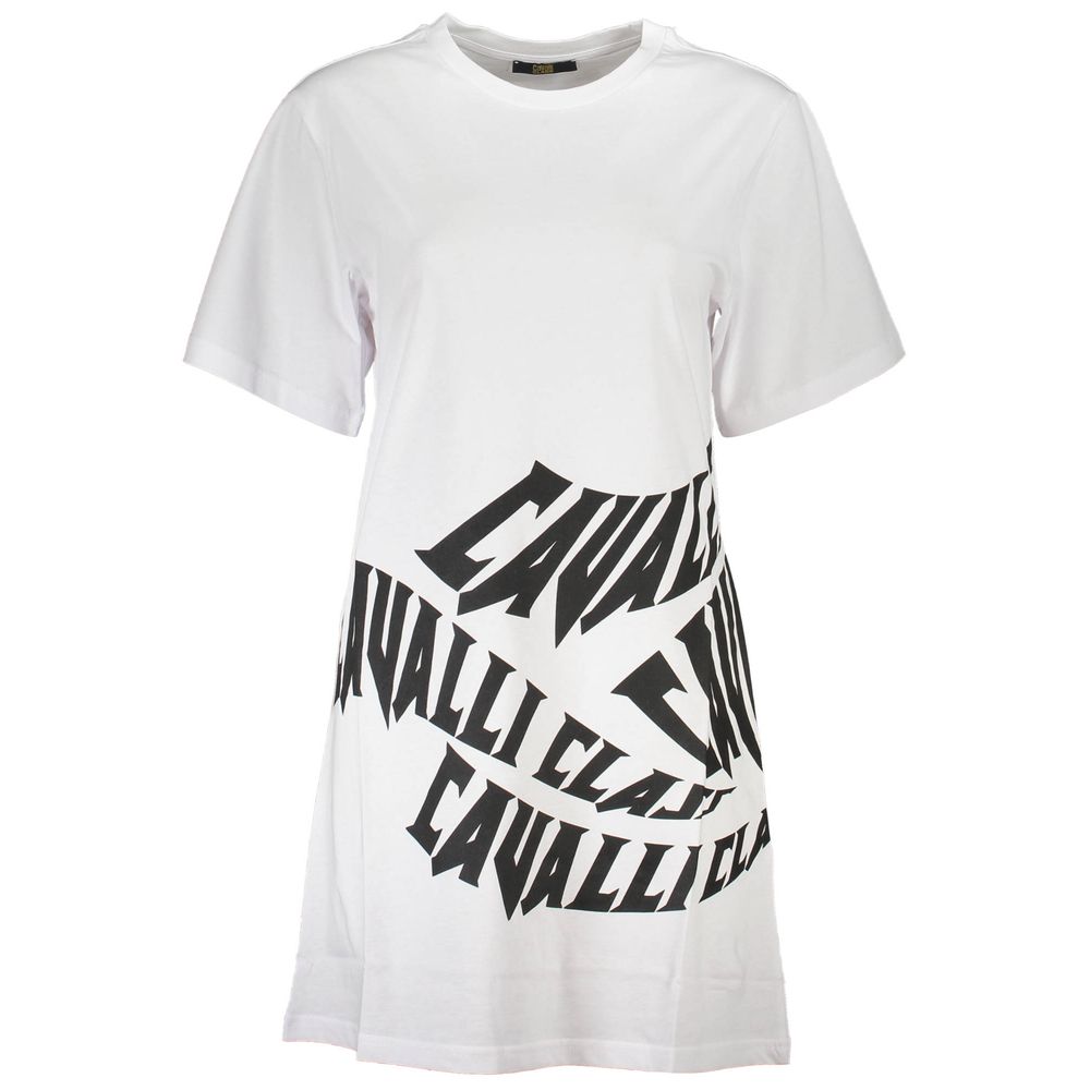 Cavalli Class White Cotton Women Dress with bold logo print, round neck, and short sleeves for a chic contemporary look.