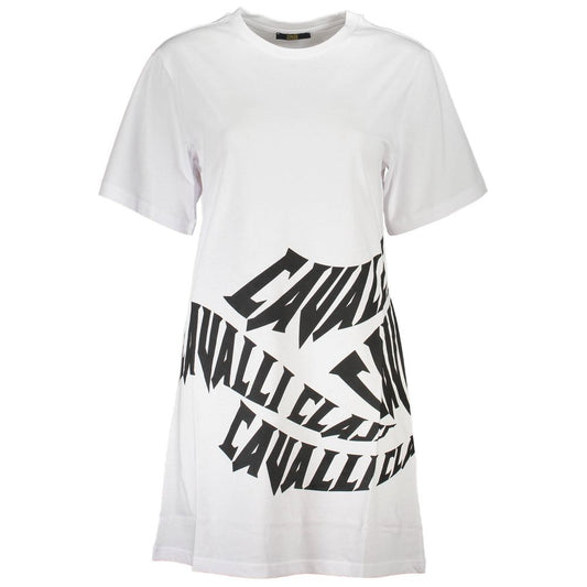 Cavalli Class White Cotton Women Dress with bold logo print, round neck, and short sleeves for a chic contemporary look.