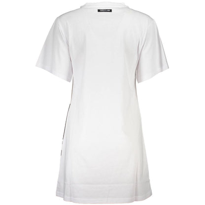 Back view of Cavalli Class White Cotton Women Dress showcasing elegant design and bold logo.