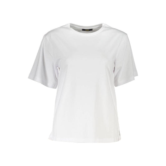 Cavalli Class White Cotton Women T-Shirt with logo design, slim fit, short sleeves.