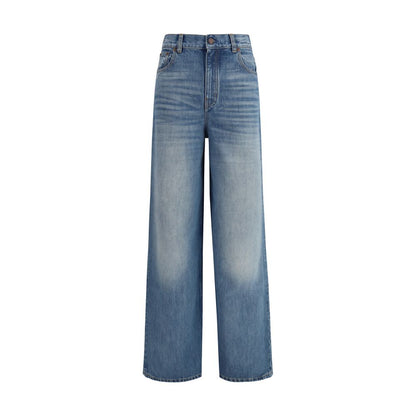 Chloé Blue Cotton Jeans Denim with high-rise wide-leg silhouette and classic five-pocket design.