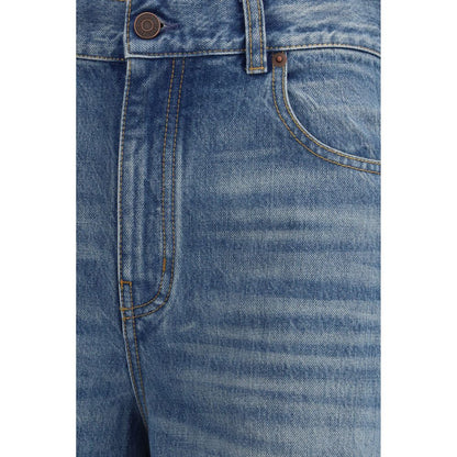 Chloé Blue Cotton Jeans Denim featuring high-rise, wide-leg design with classic five-pocket, belt loops, and button-zip fastening.
