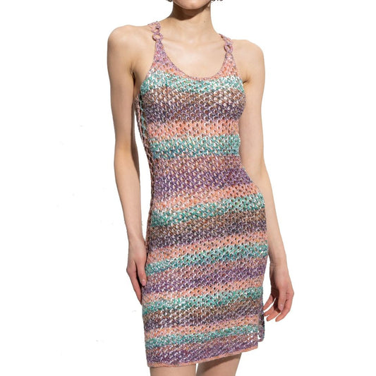 Chloé Crochet Mini Dress in colorful wool, sleeveless with round neck, semi-sheer finish, featuring decorative gold-tone applications.
