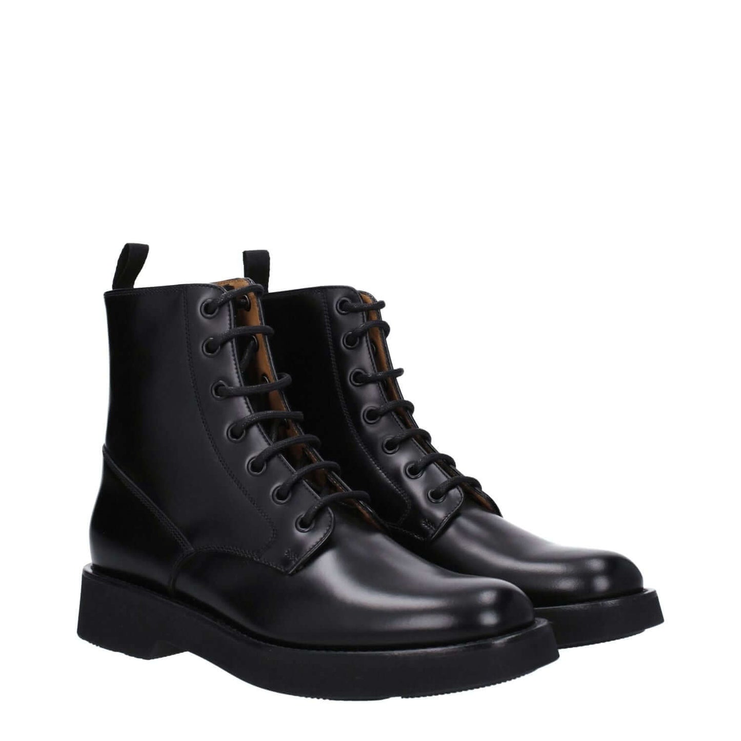 Church's Black Leather Ankle Boots with lace-up closure and rubber sole, featuring a vintage and aged effect, casual style.