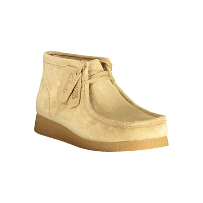 Clarks Beige Leather Men Sneaker showcasing luxury suede and iconic craftsmanship for modern style