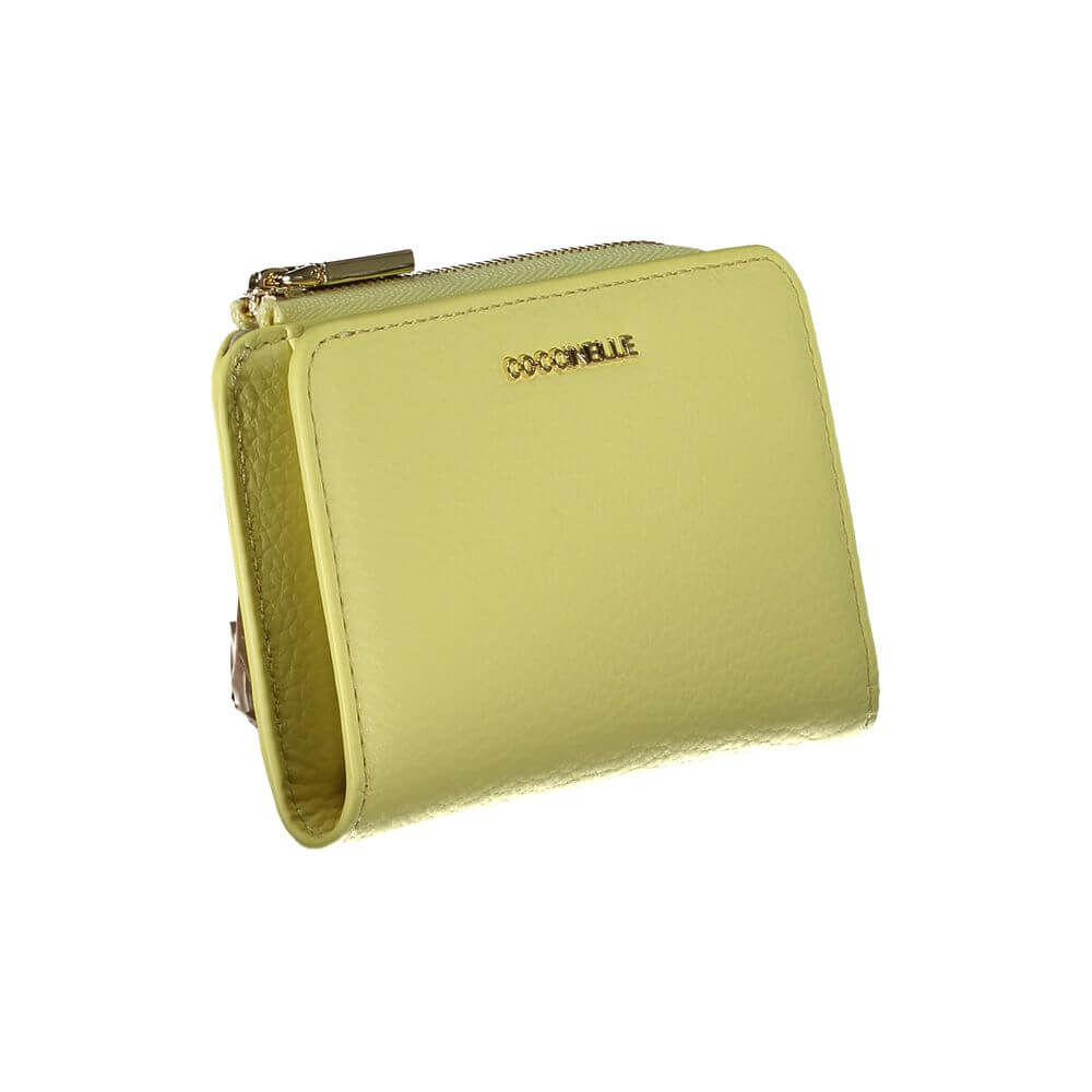 Coccinelle Yellow Leather Wallet with double card spaces, coin purse, zip and automatic closure, featuring logo.